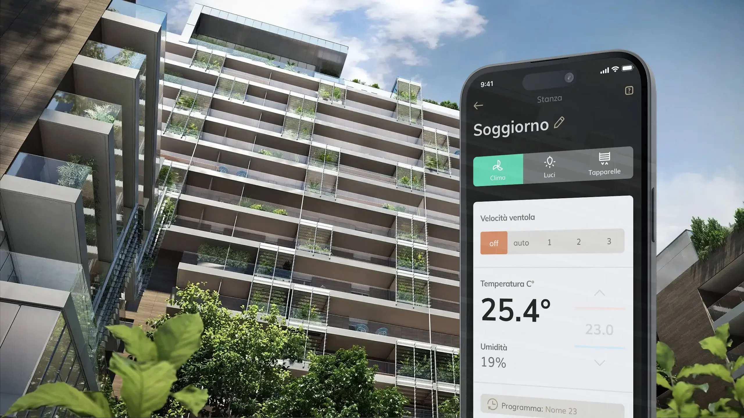 The residential building with the smart home app in the foreground