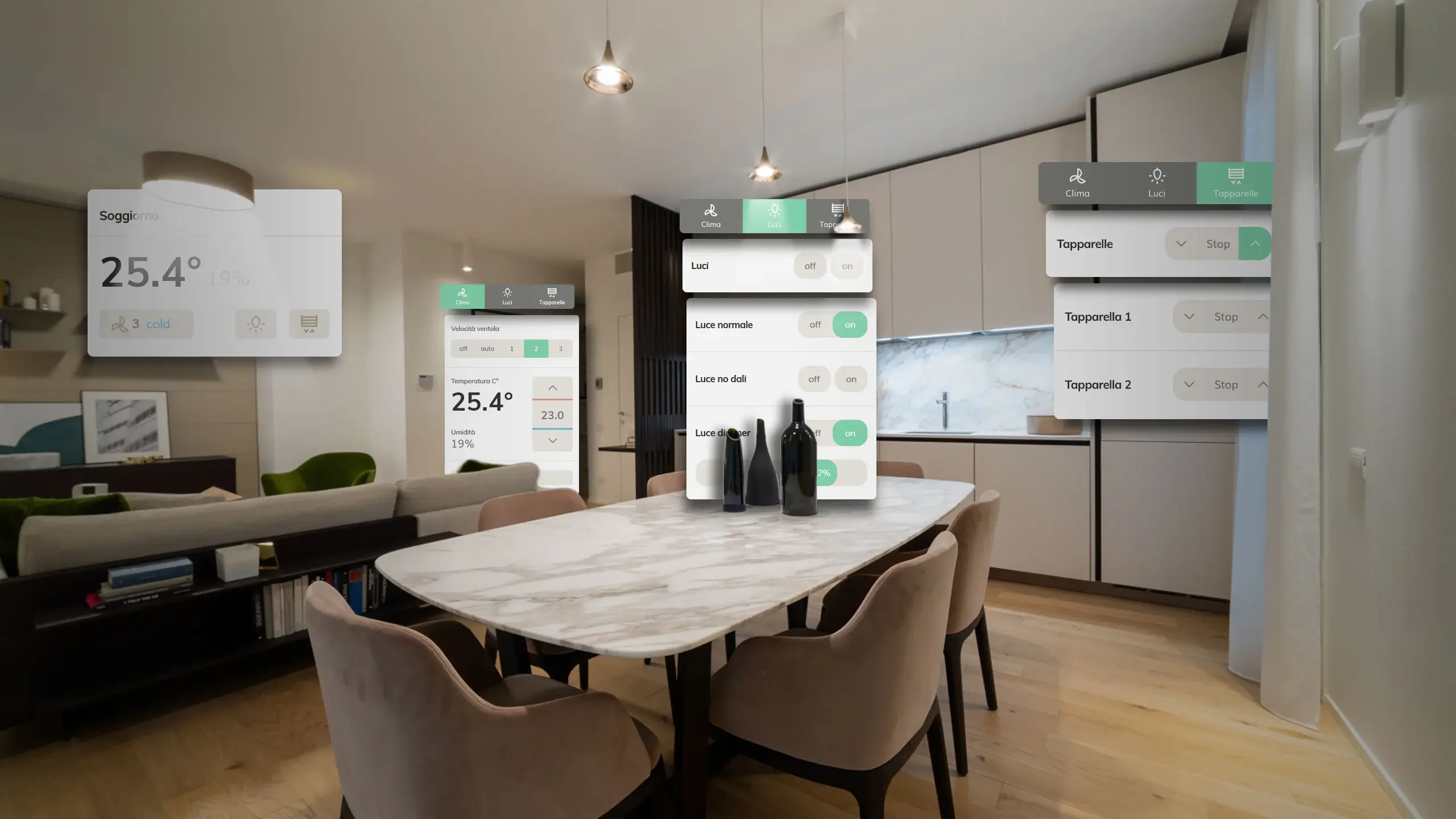 Smart apartment with floating interface panels for climate and lights
