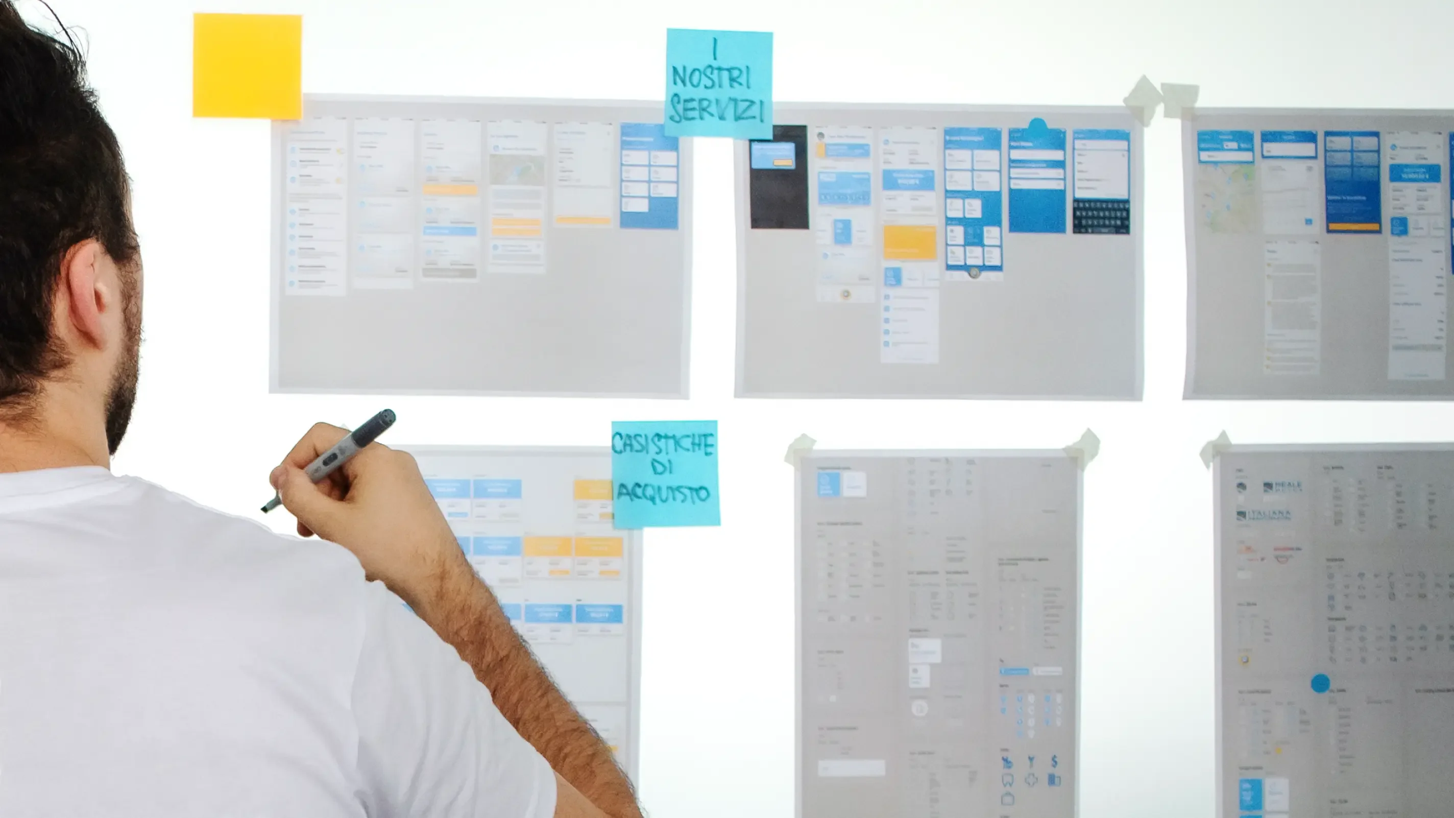 Workshop at the whiteboard with printed app flows